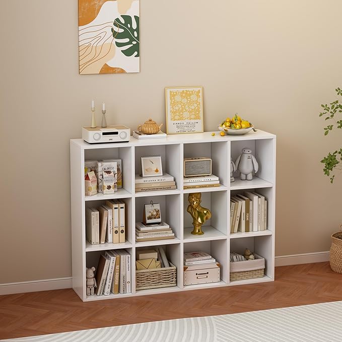 12-Cube Storage Shelf Bookcase - Wooden 3-Tier Floor Standing Open Bookshelf for Home and Office, Display Cabinet, Warm White - LeafyLoom
