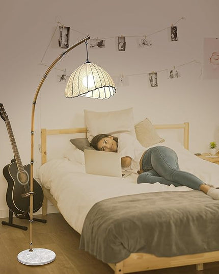 Bamboo Floor lamp, Unique Bohemian Hanging arc Floor lamp, Antique Vine Style, Restaurant Vertical lamp, Marble Base Farmhouse Study Living Room Corner lighting - LeafyLoom