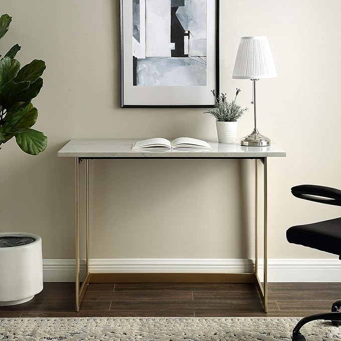 Walker Edison Modern Glam Faux Top Laptop Writing Desk Home Office Workstation Small, 42"L x 20"W x 30"H, Marble/Gold - LeafyLoom