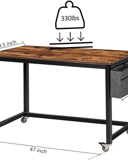 AHB 47" Rolling Computer Desk with 4 Smooth Wheels and 3 Iron Hooks, Simple Style Mobile Writing Desk Home Office Study Table Movable Workstation with Metal Frame - LeafyLoom