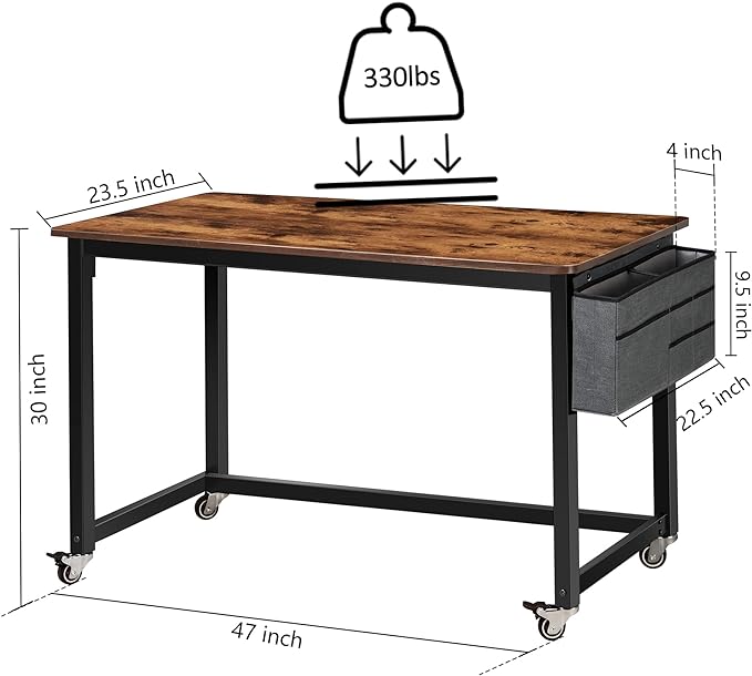 AHB 47" Rolling Computer Desk with 4 Smooth Wheels and 3 Iron Hooks, Simple Style Mobile Writing Desk Home Office Study Table Movable Workstation with Metal Frame - LeafyLoom