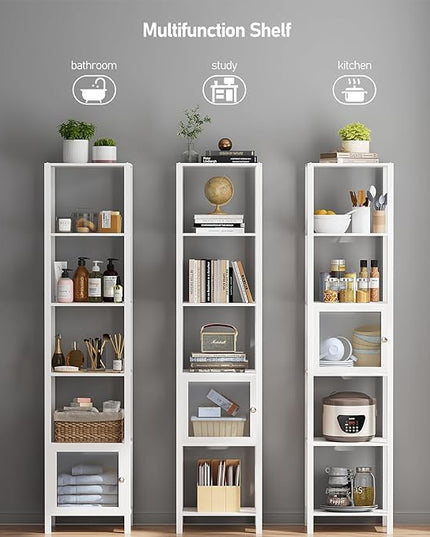 TUTOTAK 6 Tier Bookcase and Bookshelf, Narrow Book shelf with Door for Small Space, for Living Room, Office, Study, Entryway, White BS03BW006 - LeafyLoom