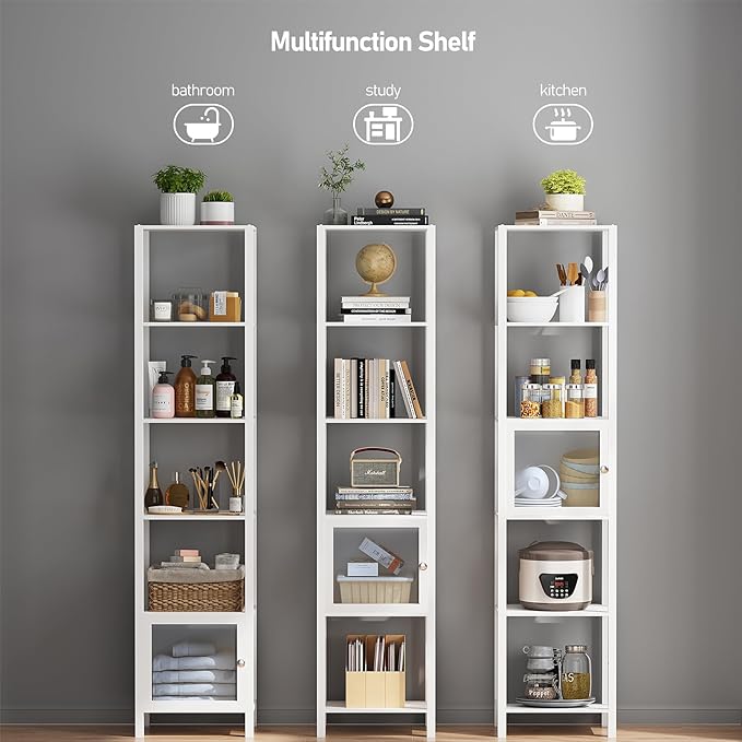 TUTOTAK 6 Tier Bookcase and Bookshelf, Narrow Book shelf with Door for Small Space, for Living Room, Office, Study, Entryway, White BS03BW006 - LeafyLoom