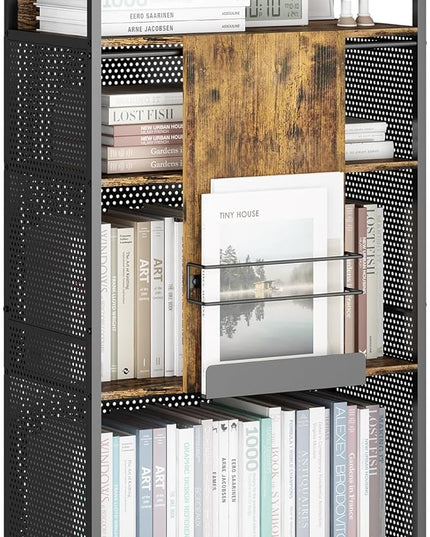 4 Tier Large Bookshelf with Storage Cabinet, Metal Industrial Bookcase Storage Organizer with Sliding Door, Open Standing Shelf Unit for Bedroom, Living Room, Home Office, Rustic Brown - LeafyLoom