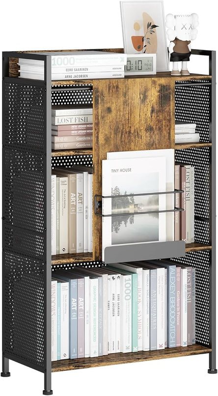 4 Tier Large Bookshelf with Storage Cabinet, Metal Industrial Bookcase Storage Organizer with Sliding Door, Open Standing Shelf Unit for Bedroom, Living Room, Home Office, Rustic Brown - LeafyLoom