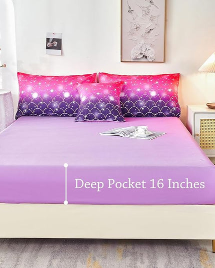 URBONUR Purple Glitter Comforter Set Full Size for Girls 6 Piece Bed in A Bag Comforter with Sheets Set, Gradient Pink Purple Sparkle Mermaid Fish Scales Bedding Comforter Set - LeafyLoom