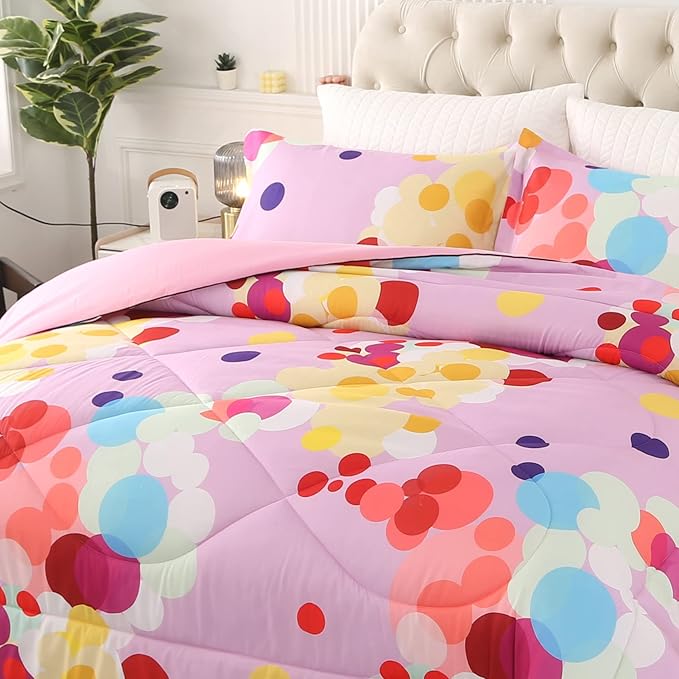 ENCOFT Pink Twin Comforter Set for Girls 3 Piece Colorful Bubbles Bedding Set Color Comfortable and Breathable for Teens and Adults All season with 1 Comforter and 2 Pillowcases - LeafyLoom