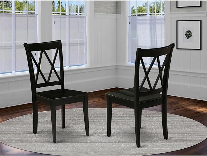 East West Furniture CLC-BLK-W Clarksville Dining Chairs - Double Cross Back Wooden Seat Chairs, Set of 2, Black - LeafyLoom