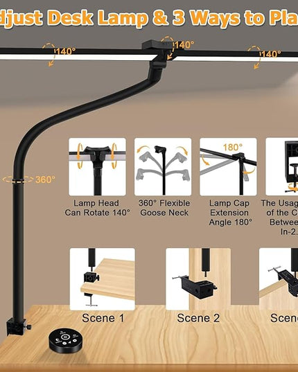 Led Desk Lamp for Home Office, Hand Sweep Sensitive Desk Light, 24w Ultra Bright Double Head Desk Lamp with Clamp & Flexible Gooseneck, Dimmable Eye Protection Reading Light for Workbench, Drawing - LeafyLoom