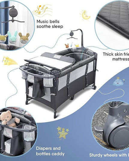 BabyBond Baby Bassinet Bedside Crib, Pack and Play with Sheet, Diaper Changing Table and Music Mobile from Newborn to Toddles, Portable Large Playard - LeafyLoom