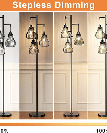 Dimmable Floor Lamp, 3 x 800LM LED Edison Bulbs Included, Farmhouse Industrial Floor Lamp Standing Tree Lamp with Elegant Cage Tall Lamps for Living Room Bedroom Office - Black - LeafyLoom