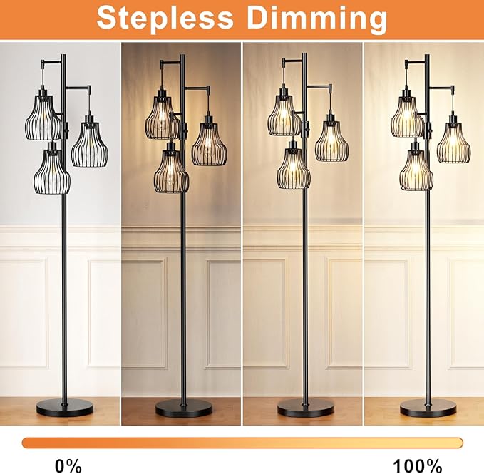 Dimmable Floor Lamp, 3 x 800LM LED Edison Bulbs Included, Farmhouse Industrial Floor Lamp Standing Tree Lamp with Elegant Cage Tall Lamps for Living Room Bedroom Office - Black - LeafyLoom