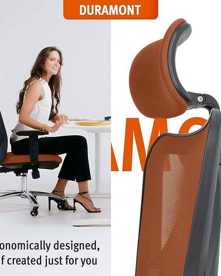 Duramont Office Chair Ergonomic Adjustable Lumbar Support and Rollerblade Wheels - Desk Chair with High Back Breathable Mesh - Thick Seat Cushion, Head, and Arm Rests control BROWN - LeafyLoom