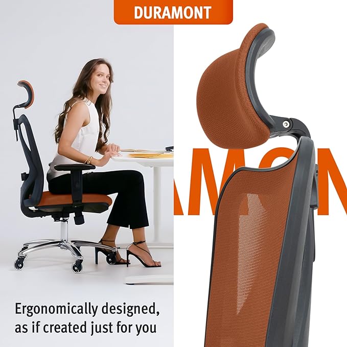 Duramont Office Chair Ergonomic Adjustable Lumbar Support and Rollerblade Wheels - Desk Chair with High Back Breathable Mesh - Thick Seat Cushion, Head, and Arm Rests control BROWN - LeafyLoom