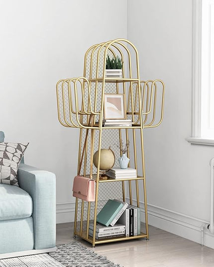 DOORXIF 4-Tier Gold Bookshelf Freestanding, Cactus Bookcase 4 Cube Storage Organizer Closet Corner Metal Display Cabinet, Corner Bookshelf for Small Spaces, Gold Bookcase for Bedroom Office - LeafyLoom