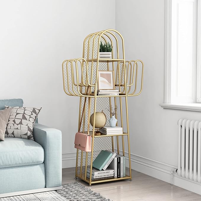 DOORXIF 4-Tier Gold Bookshelf Freestanding, Cactus Bookcase 4 Cube Storage Organizer Closet Corner Metal Display Cabinet, Corner Bookshelf for Small Spaces, Gold Bookcase for Bedroom Office - LeafyLoom
