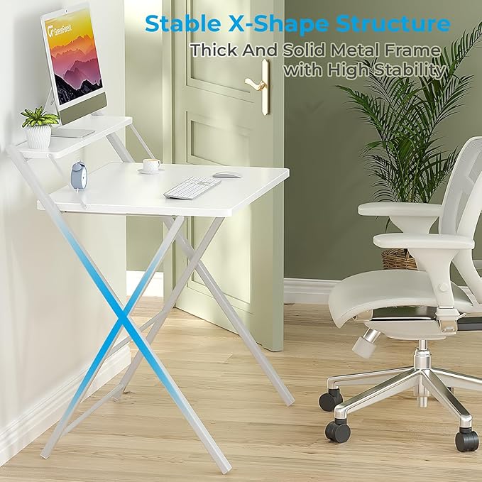 GreenForest Folding Desk No Assembly Required Small Size, 2-Tier Foldable Computer Desk with Shelf for Home Office, Space Saving Portable Laptop Study Foldable Table for Small Spaces, White - LeafyLoom