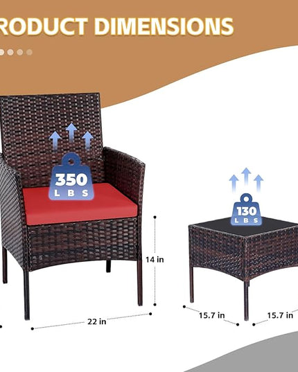 Patio Furniture Set 3 Pieces All-Weather Rattan Outdoor Furniture Patio Chairs with Tempered Glass Table for Porch Bistro Balcony Bistro Set(Brown/Red) - LeafyLoom