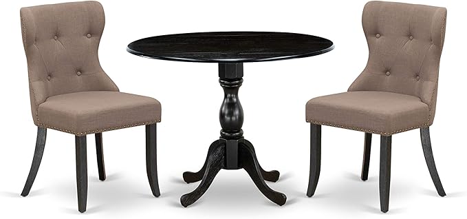 East West Furniture DMSI3-ABK-48 3 Piece Dining Table Set for Small Spaces Contains a Round Dining Room Table with Dropleaf and 2 Coffee Linen Fabric Parson Chairs, 42x42 Inch, Wirebrushed Black - LeafyLoom