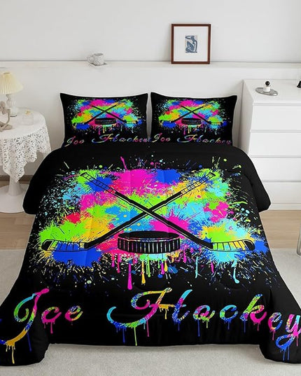 Kids Ice Hockey Comforter Set Full Size Gaming Sports Bedding Set for Boys Girls Teens Bedroom Decor Ice Sports Games Tie Dye Comforter Hockey Player Duvet Set with 2 Pillow Case - LeafyLoom