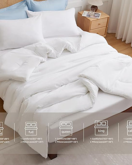 CozyLux White Comforter Set Full Size, 3 Pieces Solid Breathable Quilted Boho Style Bedding Sets, Luxury Fluffy Soft Microfiber Comforter for All Season(1 Comforter & 2 Pillowcases) - LeafyLoom