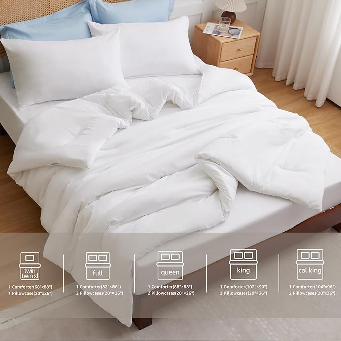 CozyLux White Comforter Set Full Size, 3 Pieces Solid Breathable Quilted Boho Style Bedding Sets, Luxury Fluffy Soft Microfiber Comforter for All Season(1 Comforter & 2 Pillowcases) - LeafyLoom