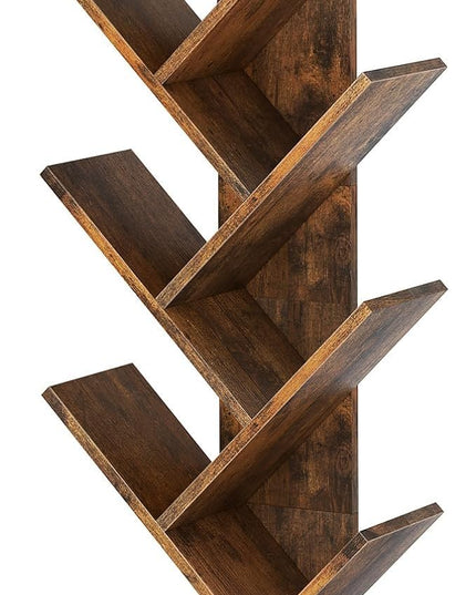 9 Tier Tree Bookshelf, Tree Bookcase with Drawer, Floor Standing Tall Wood Book Shelves Organizer for Living Room, Bedroom, Home Office, Rustic Brown - LeafyLoom