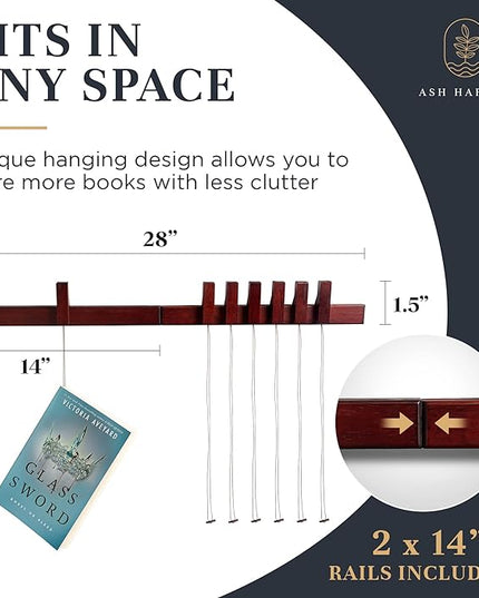 Floating Wall Bookshelf - Wall Mounted Book Organizer with Included Bookmarks - Hardwood Hanging Bookshelf for Bedroom, Living Room, or Kitchen - A Thoughtful Gift for Book Lovers (Dark) - LeafyLoom