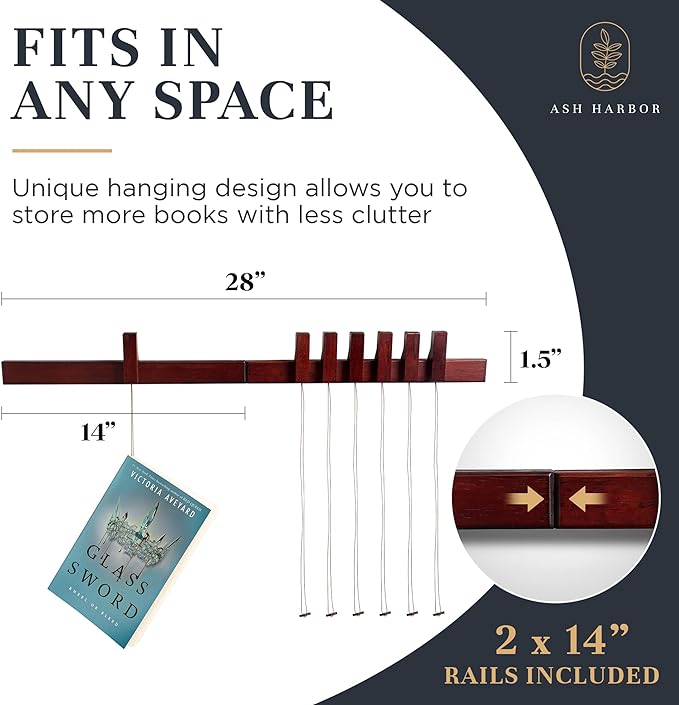 Floating Wall Bookshelf - Wall Mounted Book Organizer with Included Bookmarks - Hardwood Hanging Bookshelf for Bedroom, Living Room, or Kitchen - A Thoughtful Gift for Book Lovers (Dark) - LeafyLoom