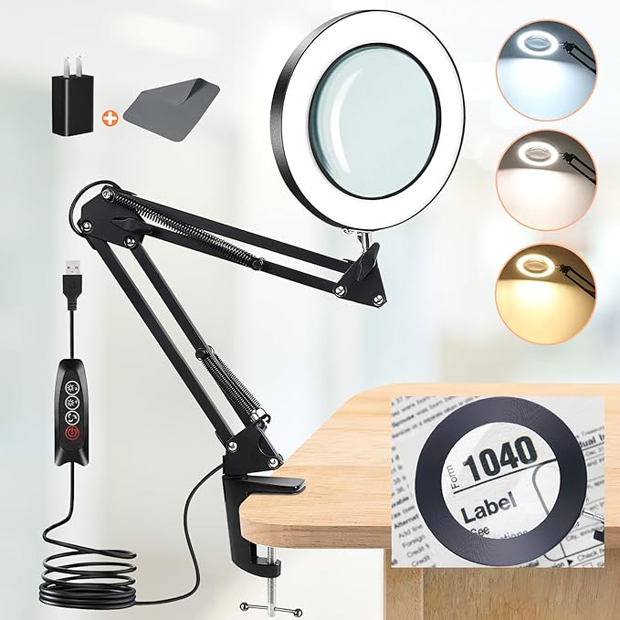 10X Magnifying Glass with Light, Adjustable Swing Arm 72 LEDs Real Glass Lens Magnifier Light,3 Color Modes 10 Stepless Dimmable,Perfect for Daily Reading,Hobbies, Crafts - LeafyLoom