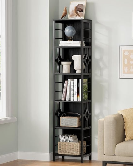 YITAHOME Narrow Bookshelf, 5-Tier Industrial Book Shelf Storage Rack, Display Shelves Stand Etagere for Small Spaces, Open Bookcase for Bedroom Living Room Bathroom Kitchen, Black - LeafyLoom