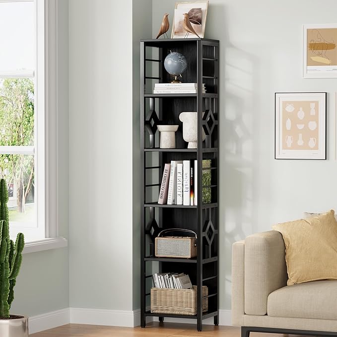 YITAHOME Narrow Bookshelf, 5-Tier Industrial Book Shelf Storage Rack, Display Shelves Stand Etagere for Small Spaces, Open Bookcase for Bedroom Living Room Bathroom Kitchen, Black - LeafyLoom