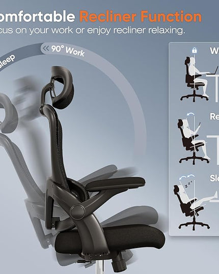 Ergonomic Office Chair, High Back Mesh Desk Chair with Adjustable Lumbar Support, 3D Flip-Up Arms, Headrest, Swivel Rolling Wheel, Big and Tall Comfy Wide Work Task Computer Gaming Chairs for Adults - LeafyLoom