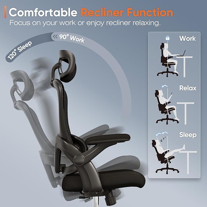 Ergonomic Office Chair, High Back Mesh Desk Chair with Adjustable Lumbar Support, 3D Flip-Up Arms, Headrest, Swivel Rolling Wheel, Big and Tall Comfy Wide Work Task Computer Gaming Chairs for Adults - LeafyLoom