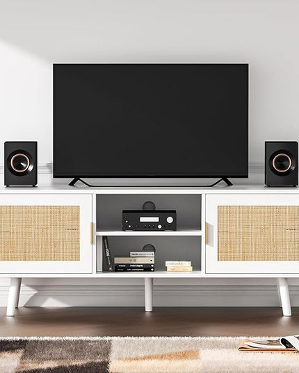 Anmytek Farmhouse Rattan TV Stand for 55 Inches TV Mid Century Modern Entertainment Center with Storage Cabinet Wood Small Media Console for Living Room White H0055 - LeafyLoom