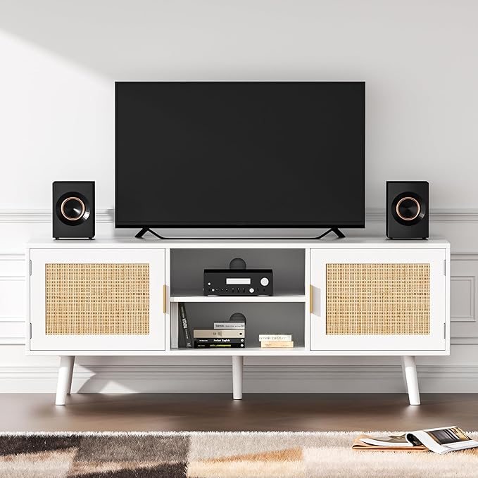 Anmytek Farmhouse Rattan TV Stand for 55 Inches TV Mid Century Modern Entertainment Center with Storage Cabinet Wood Small Media Console for Living Room White H0055 - LeafyLoom