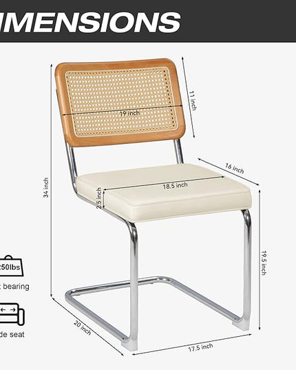 Dining Chair Set of 2, Mid-Century Modern Rattan Dining Chairs with Metal Chrome Legs, Natural Cane Backrest Upholstered for Home Kitchen，Dining Room and Patio, Cream - LeafyLoom