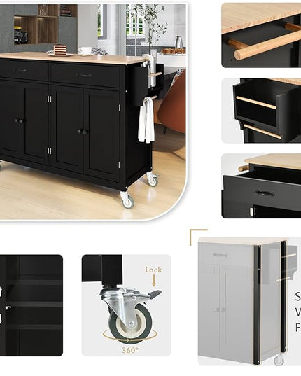 Solid Wood Top, Mobile Carts with Storage Cabinet, Rolling Kitchen Table w/Spice, Towel Rack, and Drawer, Portable Islands on Wheels, Black, 54.33 Inch - LeafyLoom