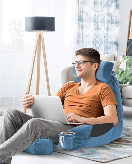 Clara Clark Reading Pillow, Large Back Pillow for Sitting Up in Bed, Memory Foam Back Support Pillow, Reading Pillows for Sitting in Bed Adult, Blue Heaven Sit Up Pillow for Bed with Arms and Pockets - LeafyLoom