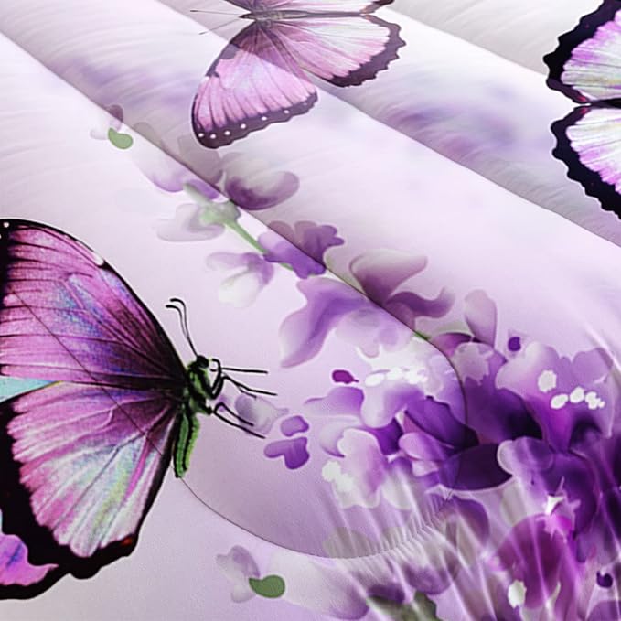 Purple Lavender Butterfly Comforter Set for Girl Kid Adult Colorful Butterfly Pattern Bedding Set Aesthetics Butterflies Quilt Bed Set Twin Size with 1 Comforter and 2 Pillowcases - LeafyLoom