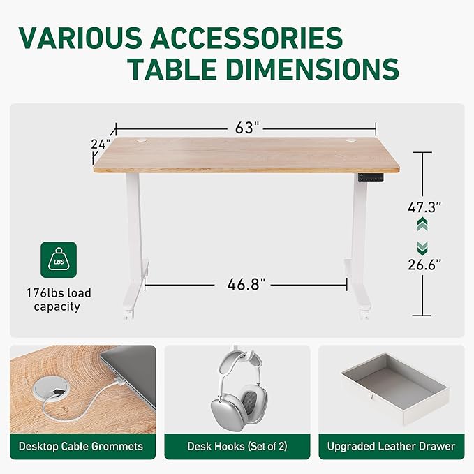 FEZIBO 63 x 24 Inches Standing Desk with Drawer, Adjustable Height Electric Stand up Desk with Storage, Sit Stand Home Office Desk, Ergonomic Computer Desk, Maple - LeafyLoom