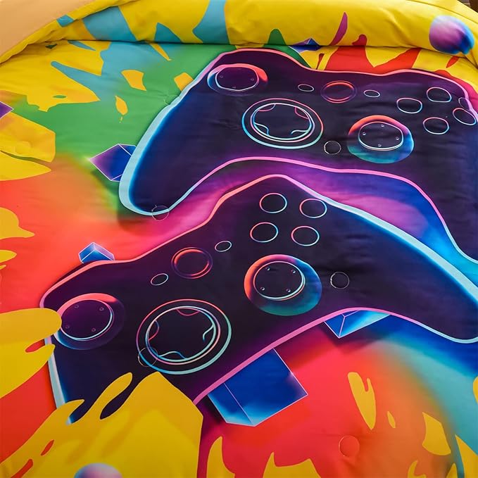 Aimuan Gaming Bedding Sets Gamer Room Decor 3D Gamepad Video Games Twin Size Comforter Sets for Boys Games Console Action Buttons Novelty Colorful Modern Home Quilt Set (Twin, Yellow) - LeafyLoom