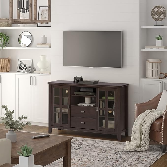 SIMPLIHOME Artisan SOLID WOOD 53 Inch Wide Contemporary Tall TV Media Stand in Dark Chestnut Brown for TVs up to 60 Inches, For the Living Room and Entertainment Center - LeafyLoom
