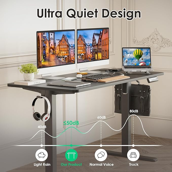 STARY Electric Adjustable Height Sit Stand Home Office Desk with Splice Board, 48x24, Black Desktop/Black Frame - LeafyLoom