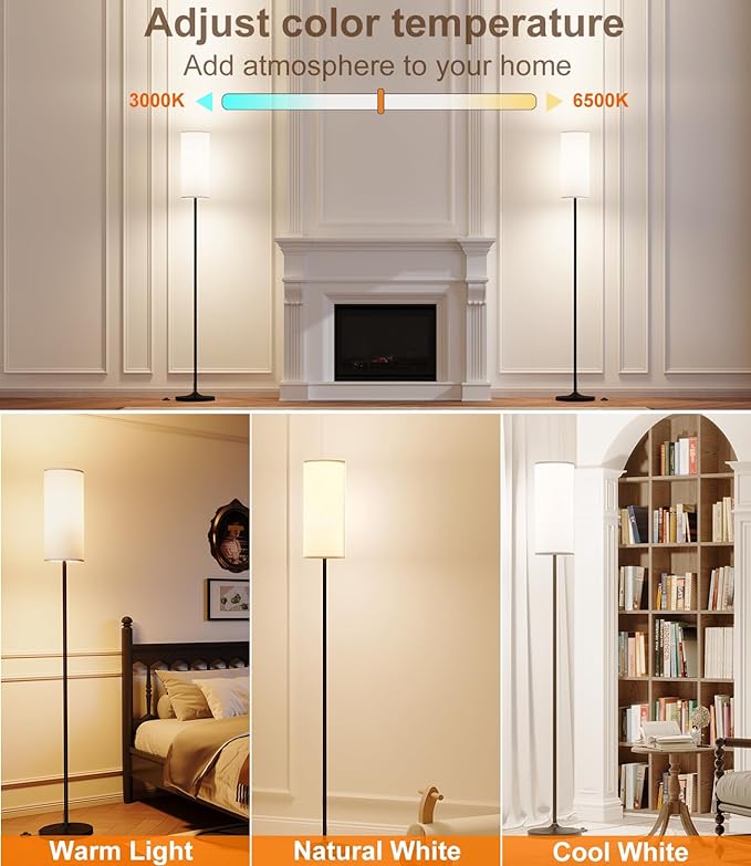 LED Floor Lamp for Living Room, Dimmable Standing Lamps with Foot Switch,Remote Custom Color Temperature Black Pole Lamp with Lampshade,12W Led Bulb Tall Lamps for Bedroom Office Kid Room - LeafyLoom