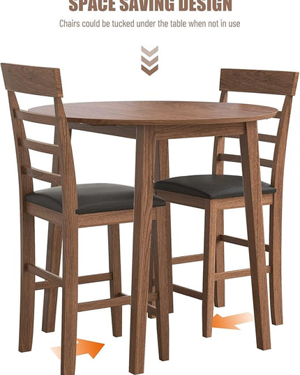 NicBex Small Dining Table for 2 Breakfast Nook Table Set 3Pcs Retro Round Counter Height Drop-Leaf Table with 2 Upholstered Chairs Dining Table Set Pub Set for Small Space Kitchen, Walnut - LeafyLoom