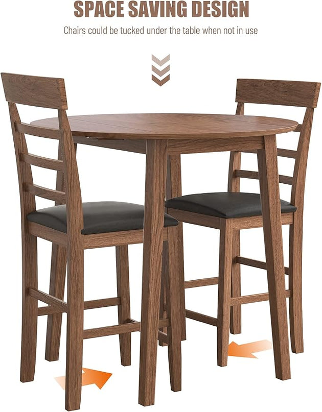 NicBex Small Dining Table for 2 Breakfast Nook Table Set 3Pcs Retro Round Counter Height Drop-Leaf Table with 2 Upholstered Chairs Dining Table Set Pub Set for Small Space Kitchen, Walnut - LeafyLoom