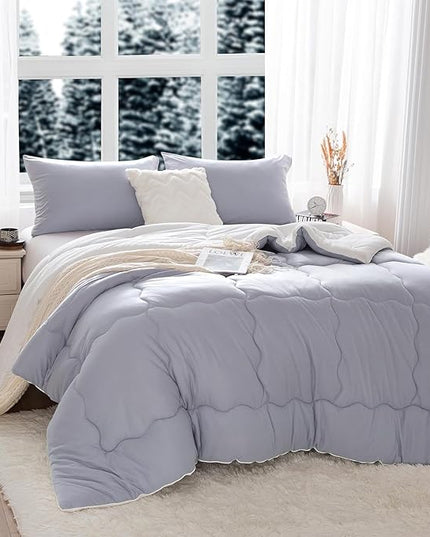 COTTEBED Winter Reversible Queen Bed Comforter Set, Warm Milk Cup Ultra-Soft Breathable Fluffy Cosy Full Size Bedding 1 Down Alternative Comrter & 2 Pillow Sham Winter Use Gray and White - LeafyLoom