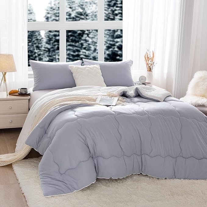 COTTEBED Winter Reversible Queen Bed Comforter Set, Warm Milk Cup Ultra-Soft Breathable Fluffy Cosy Full Size Bedding 1 Down Alternative Comrter & 2 Pillow Sham Winter Use Gray and White - LeafyLoom