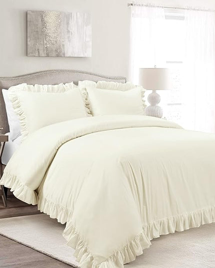 Lush Decor Reyna Ruffle 100% Cotton Duvet Cover Set - 3 Piece Cozy Ruffled Bedding Set - Timeless Elegance and Comfort - Full/ Queen, Ivory - LeafyLoom